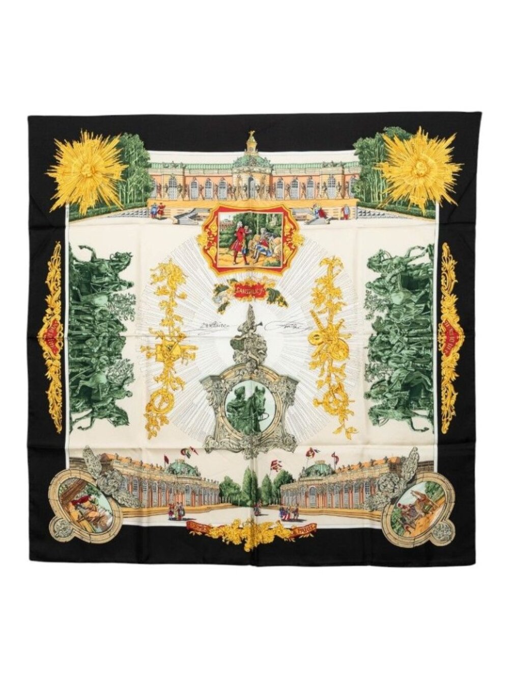 Hermes Carre 90 Sanssouci Palace Scarf Black Multicolor Silk